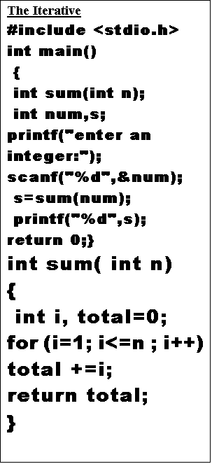 Text Box: The Iterative
#include <stdio.h>
int main()
 {
 int sum(int n);
 int num,s;
printf("enter an integer:");
scanf("%d",&num);
 s=sum(num);
 printf("%d",s);
return 0;}
int sum( int n)
{
 int i, total=0;
for (i=1; i<=n ; i++)
total +=i;
return total;
}
